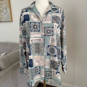Vintage Women’s M Button Up Blouse Blue Boho Mediterranean Retro Mid Century Top